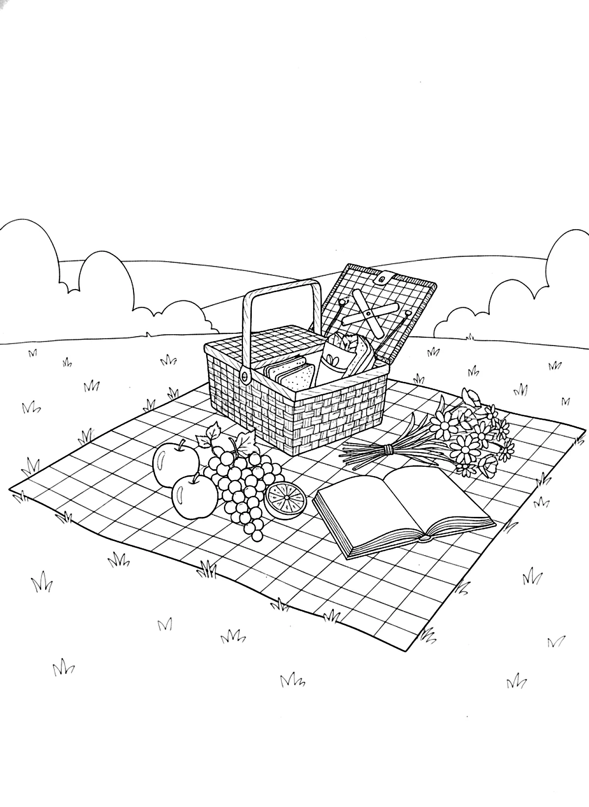 Picnic in the park coloring page for adults: a picnic blanket with a basket, fruit, sandwiches, a book and flowers, black line art