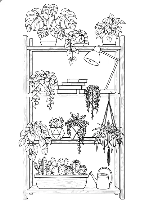 Plant shelf coloring page for adults: an aesthetic plant shelf with hanging plants, pots, a lamp and books, black line art