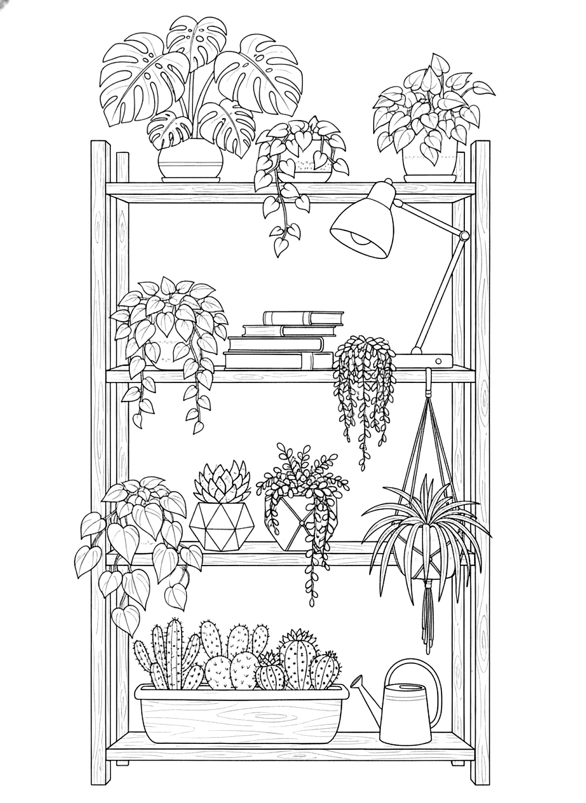 Plant shelf coloring page for adults: an aesthetic plant shelf with hanging plants, pots, a lamp and books, black line art