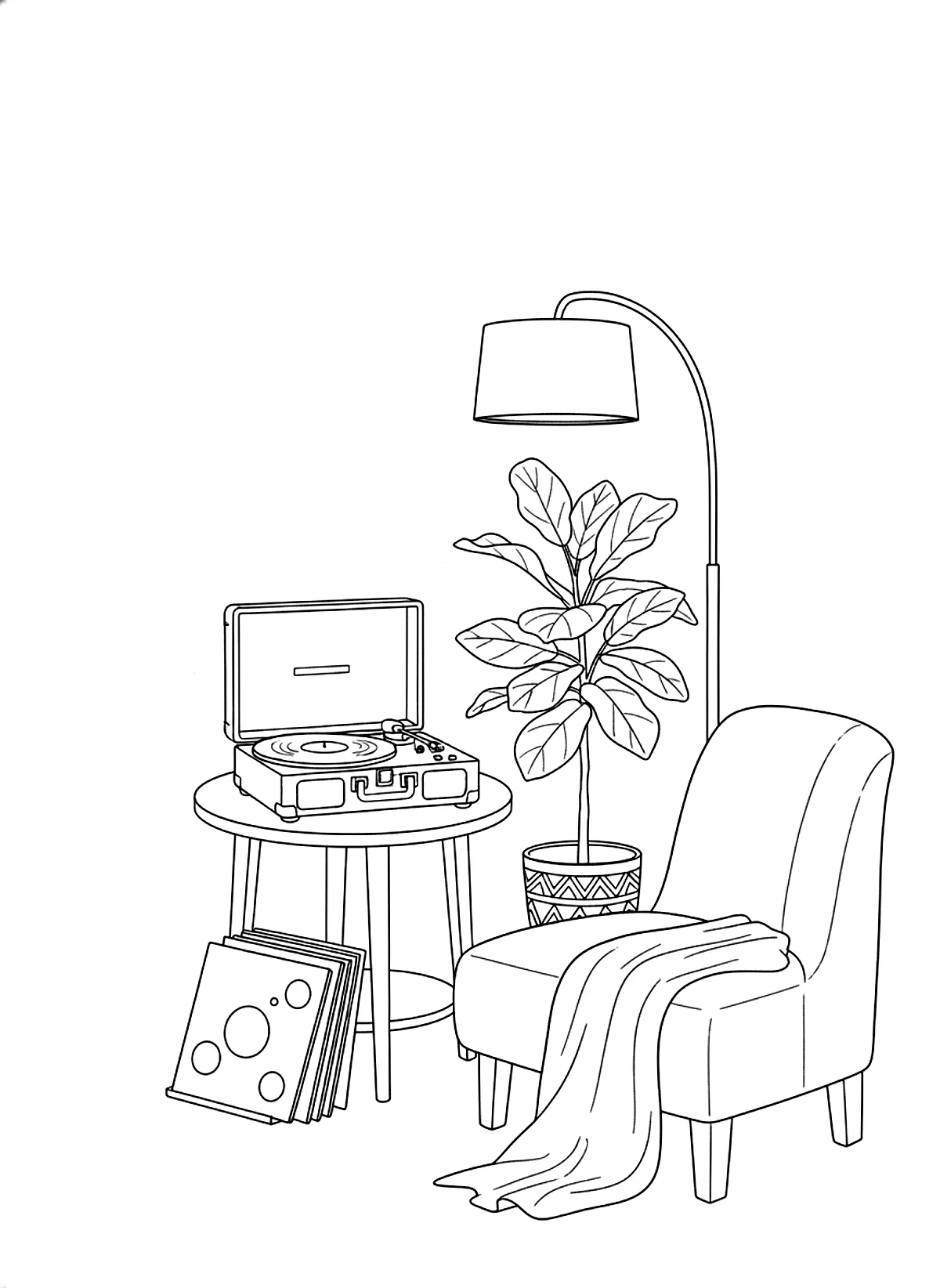 Record player corner coloring page for adults: a cozy corner with a record player, vinyl records, a plant and a lamp, black line art