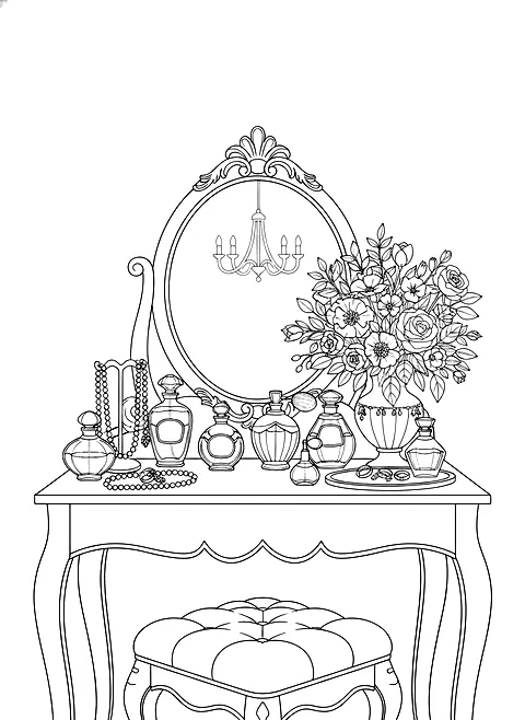 Vanity with perfume bottles coloring page for adults: an aesthetic vanity table with perfume bottles, a mirror, flowers and jewelry, black line art