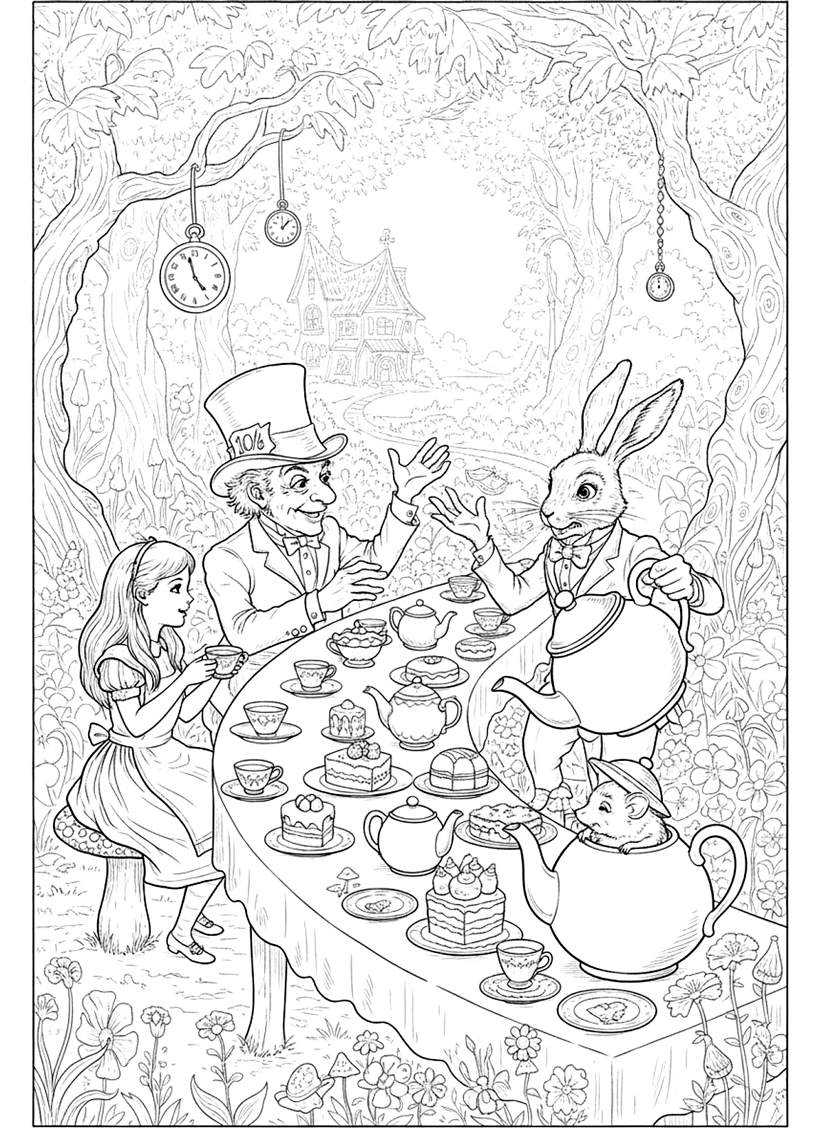 Alice in Wonderland coloring page of the Mad Hatter tea party with a long table, teapots and cups, Alice, the March Hare and the Dormouse