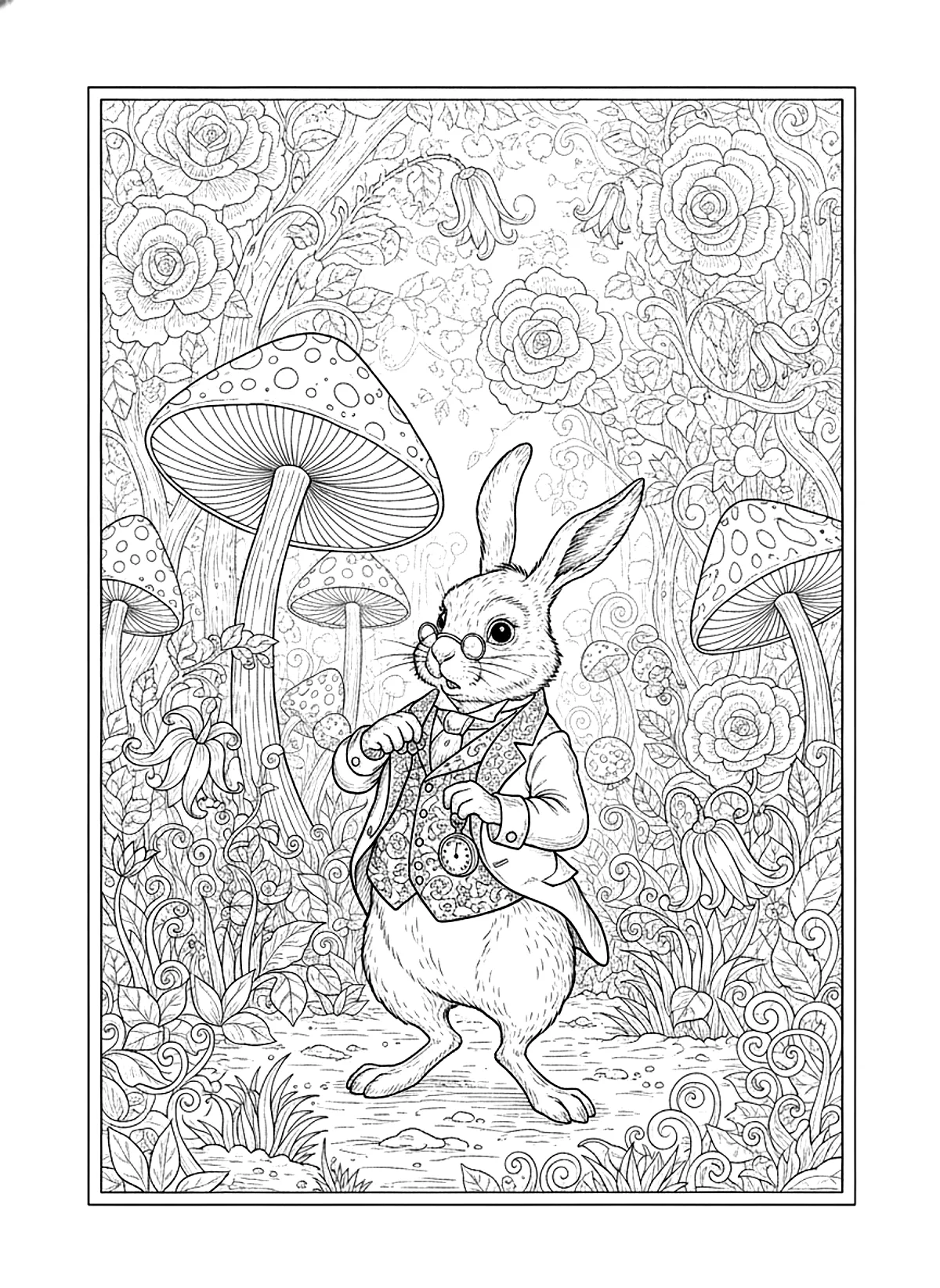Alice in Wonderland coloring page of the White Rabbit in a waistcoat checking his pocket watch among giant mushrooms and flowers