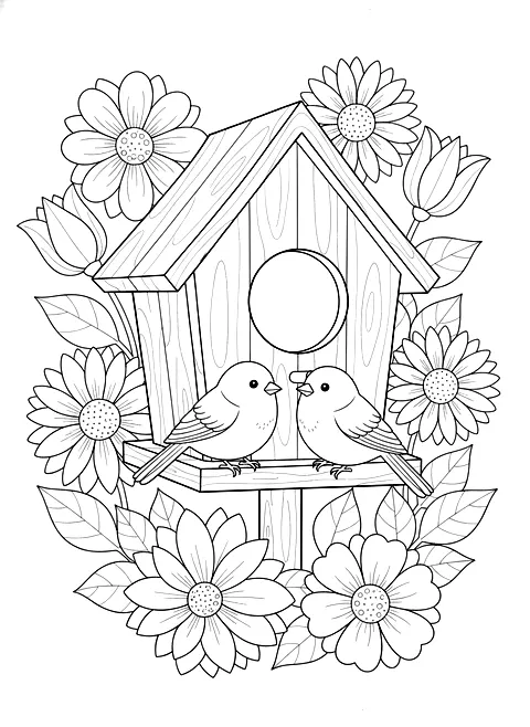 Birds at the birdhouse coloring page for adults: two small birds at a wooden birdhouse surrounded by flowers, black line art