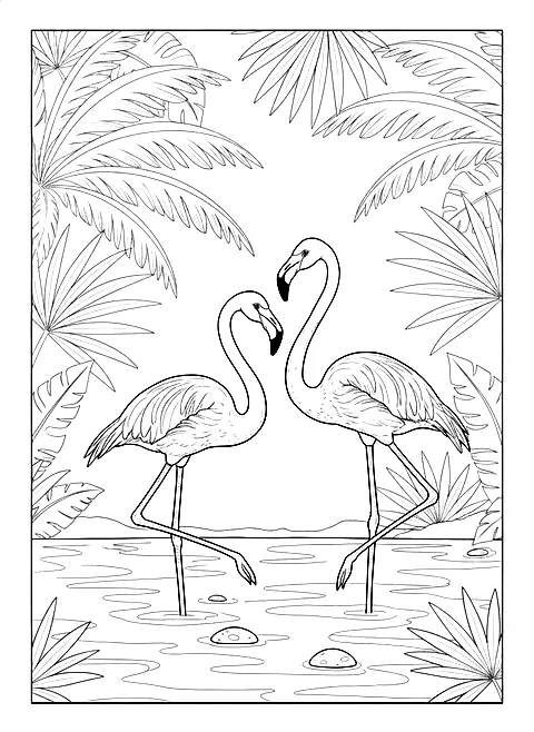 Flamingos in the lagoon coloring page for adults: two flamingos standing in a tropical lagoon with palm leaves, black line art
