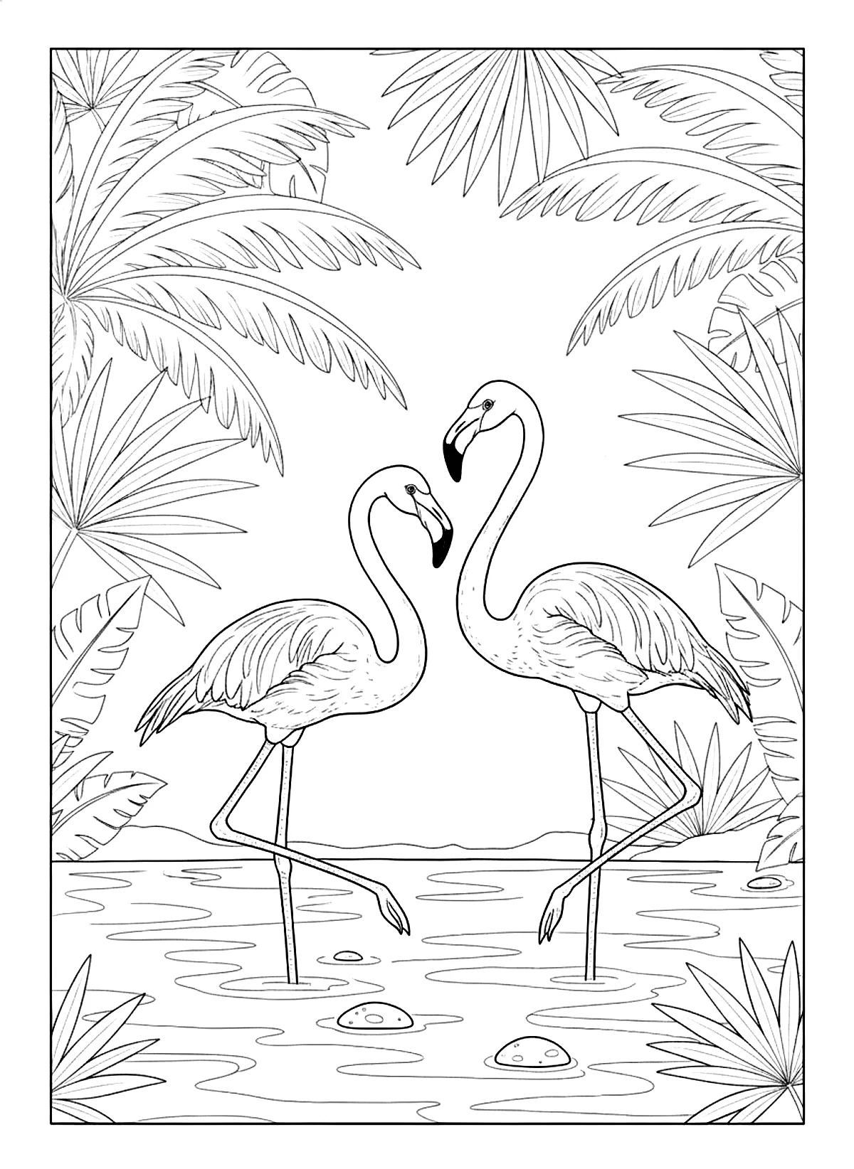 Flamingos in the lagoon coloring page for adults: two flamingos standing in a tropical lagoon with palm leaves, black line art