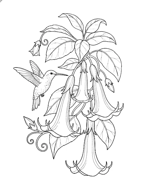 Hummingbird and flowers coloring page for adults: a hummingbird hovering near trumpet flowers and leaves, black line art