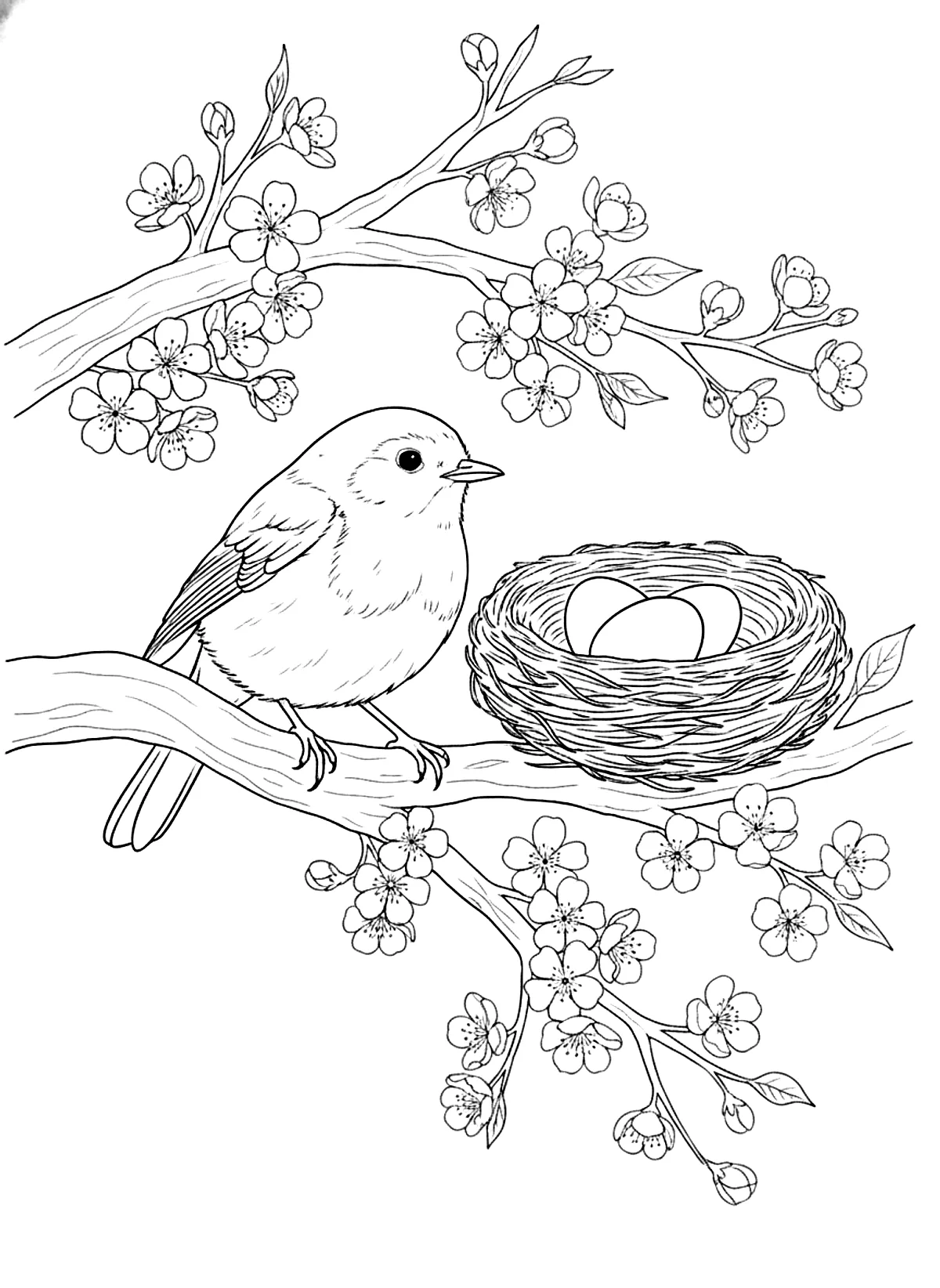 Robin with its nest coloring page for adults: a robin sitting next to its nest with blue eggs on a blossoming branch, black line art