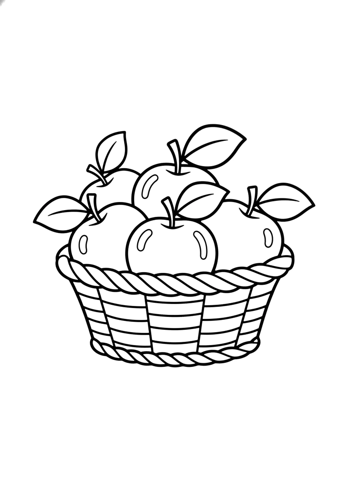 Bold apple basket coloring page for adults: a basket of big apples with leaves, black line art