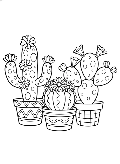 Bold cacti in pots coloring page for adults: three cacti in pots with flowers, black line art