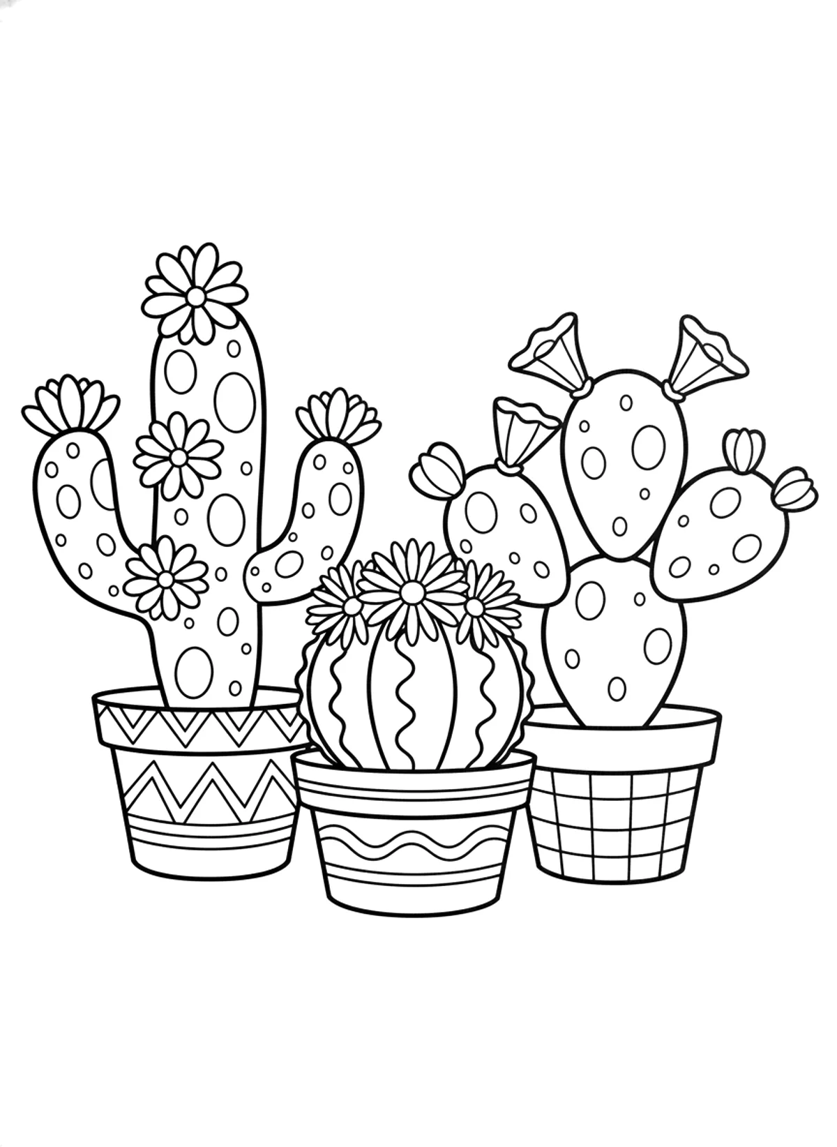 Bold cacti in pots coloring page for adults: three cacti in pots with flowers, black line art