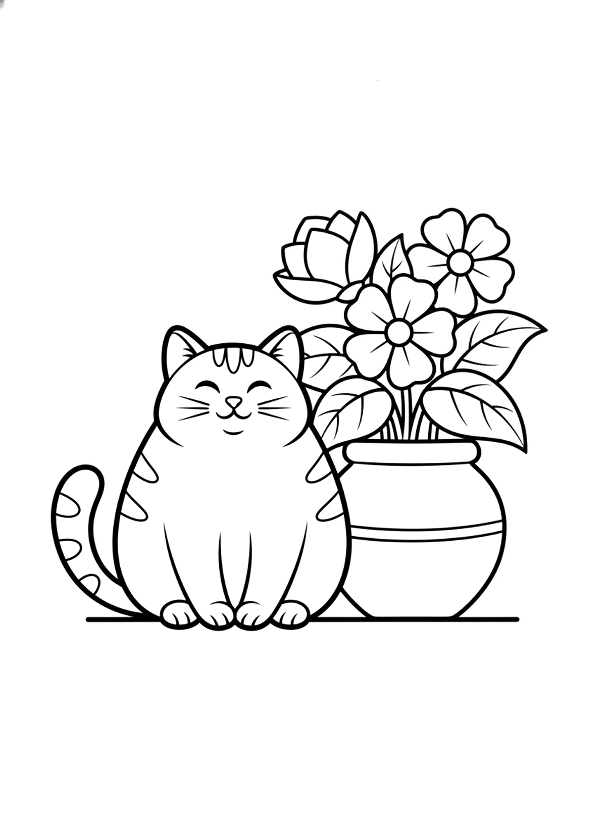 Bold and easy coloring page of a chubby cat sitting next to a pot of flowers, with thick outlines