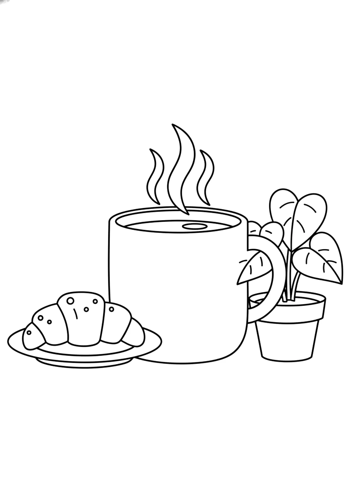 Bold and easy coloring page of a big mug of coffee with steam, a croissant and a small plant, with thick outlines