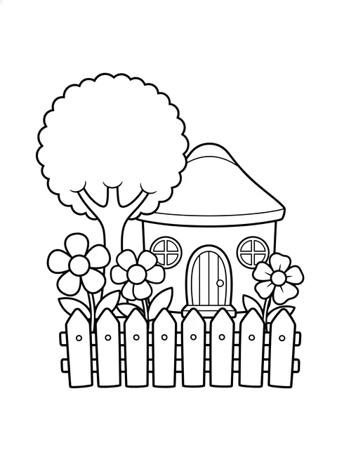 Bold and easy coloring page of a cute little house with a round tree, flowers and a fence