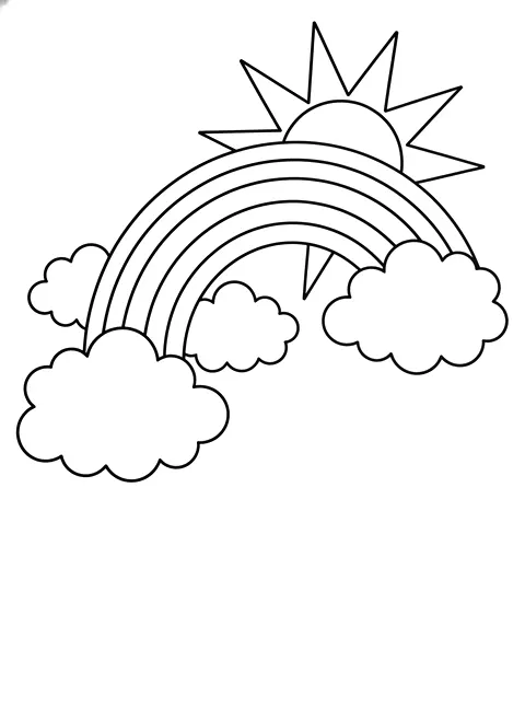Bold rainbow and clouds coloring page for adults: a rainbow with puffy clouds and a sun, black line art