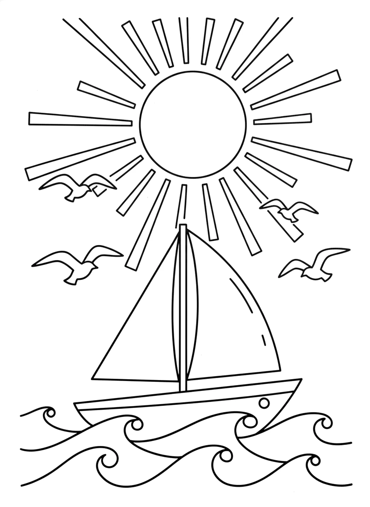 Bold sailboat coloring page for adults: a sailboat on waves with a sun and seagulls, black line art