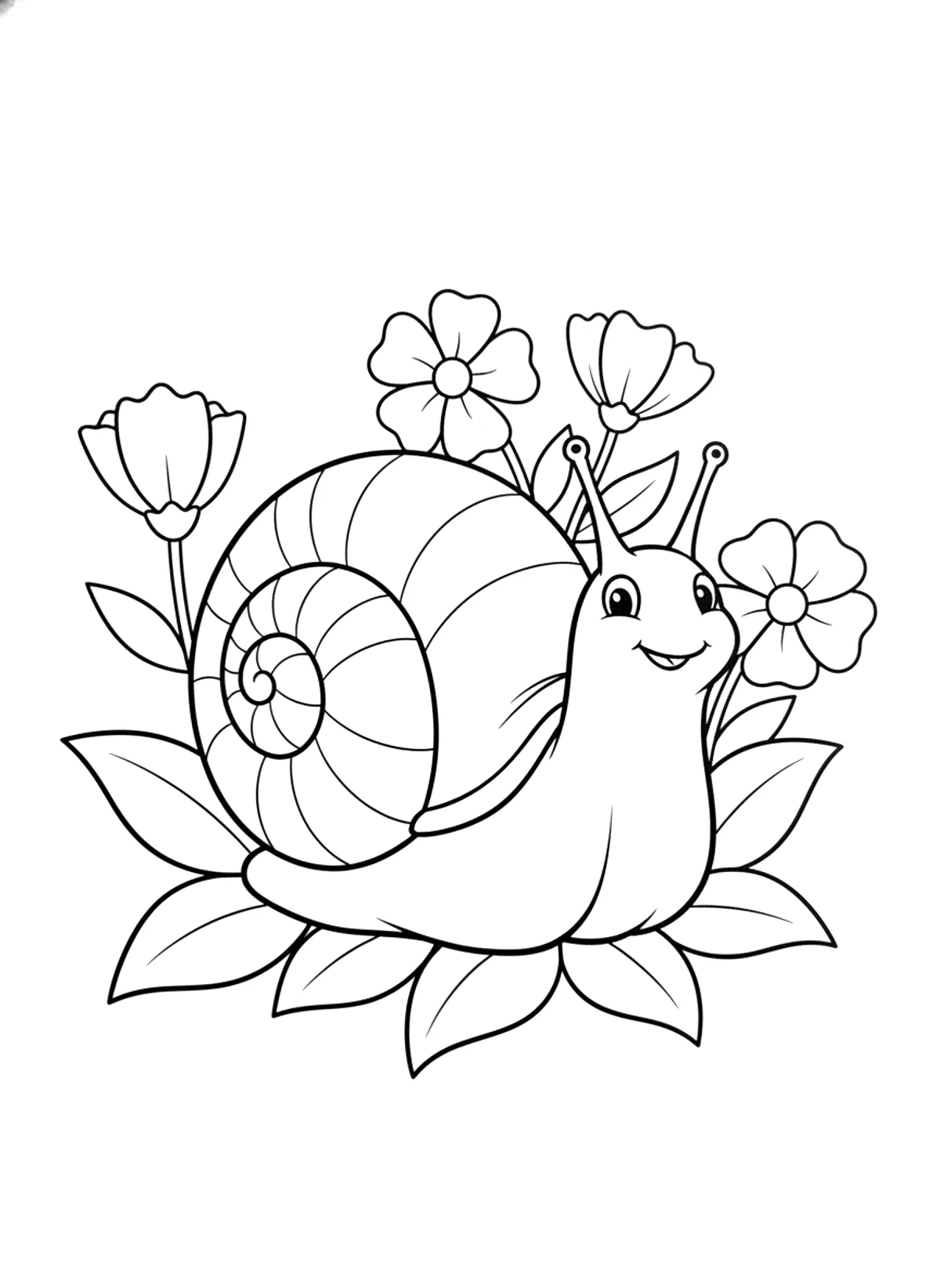 Bold snail and flowers coloring page for adults: a big snail with a spiral shell and simple flowers, black line art
