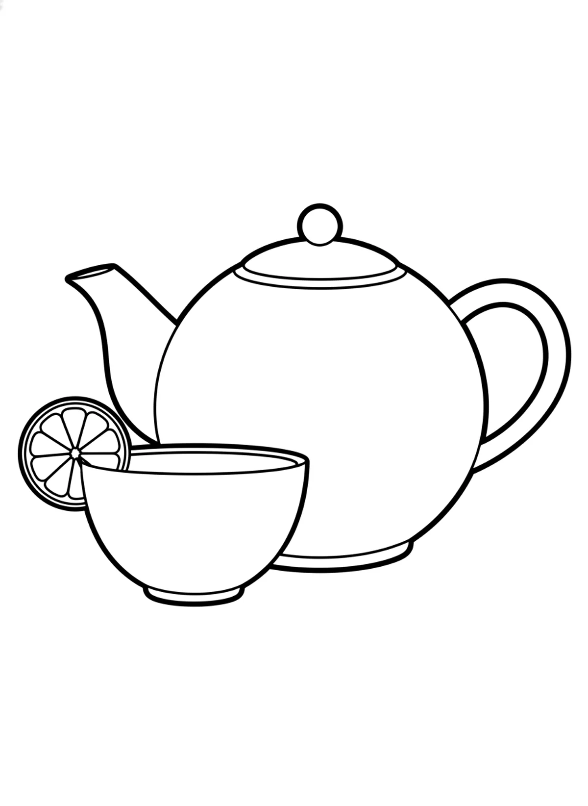 Bold teapot and cup coloring page for adults: a big teapot and a teacup with a lemon slice, black line art