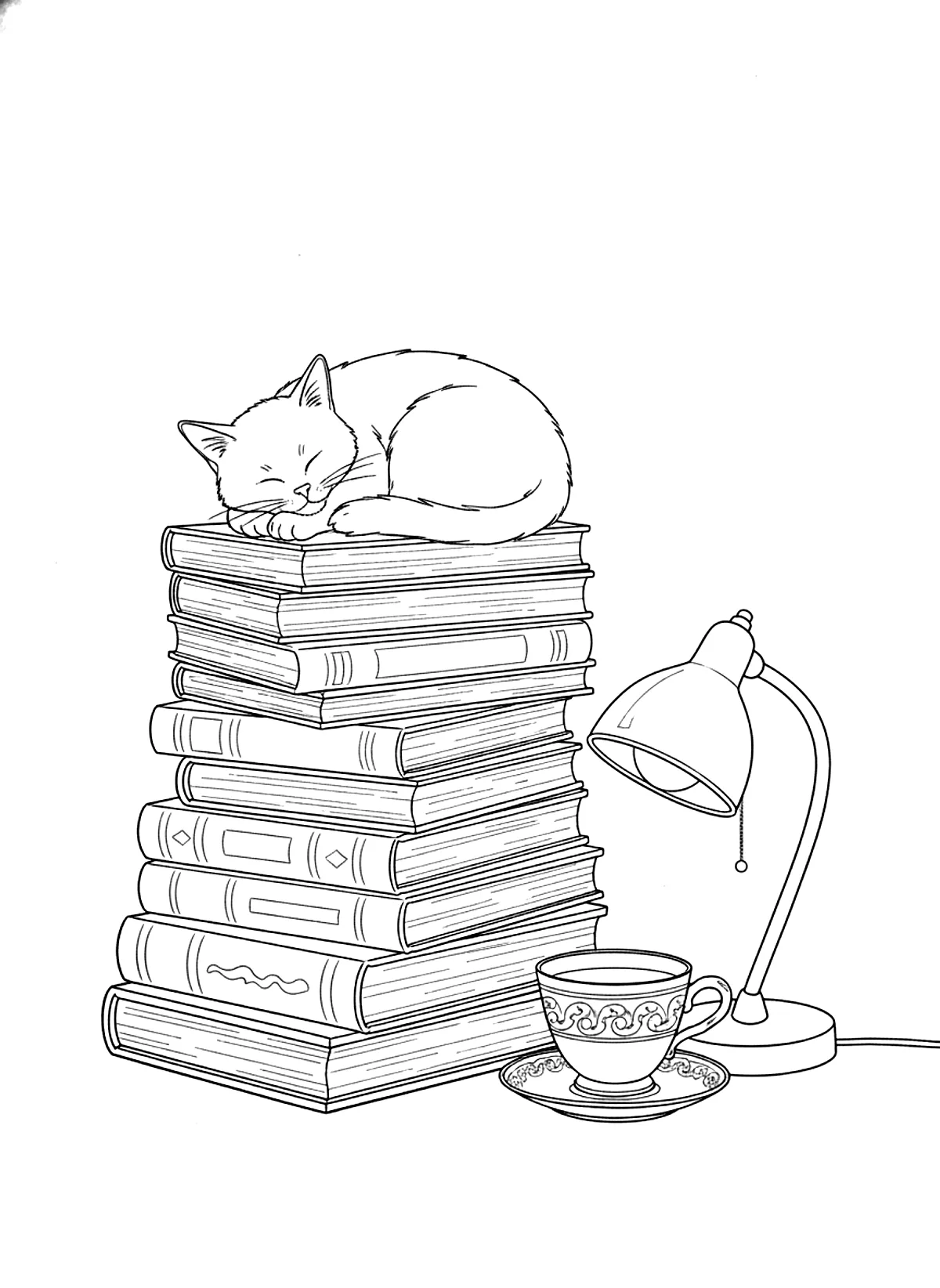 Cat coloring page of a cat sleeping on a pile of books next to a teacup and a reading lamp