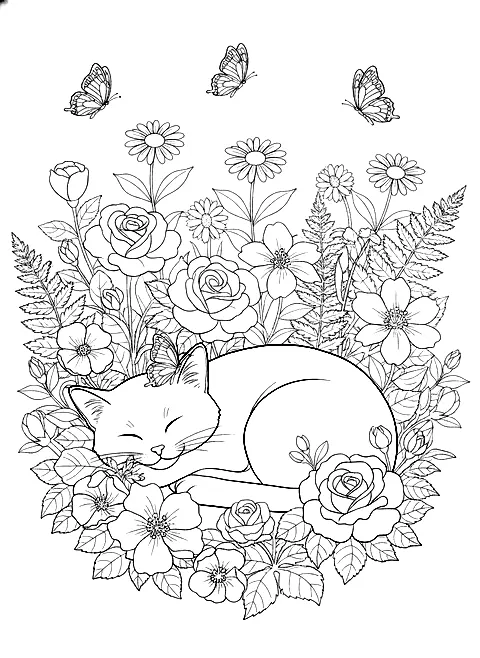 Cat in the flower garden coloring page for adults: a cat lying in a flower garden with butterflies, black line art