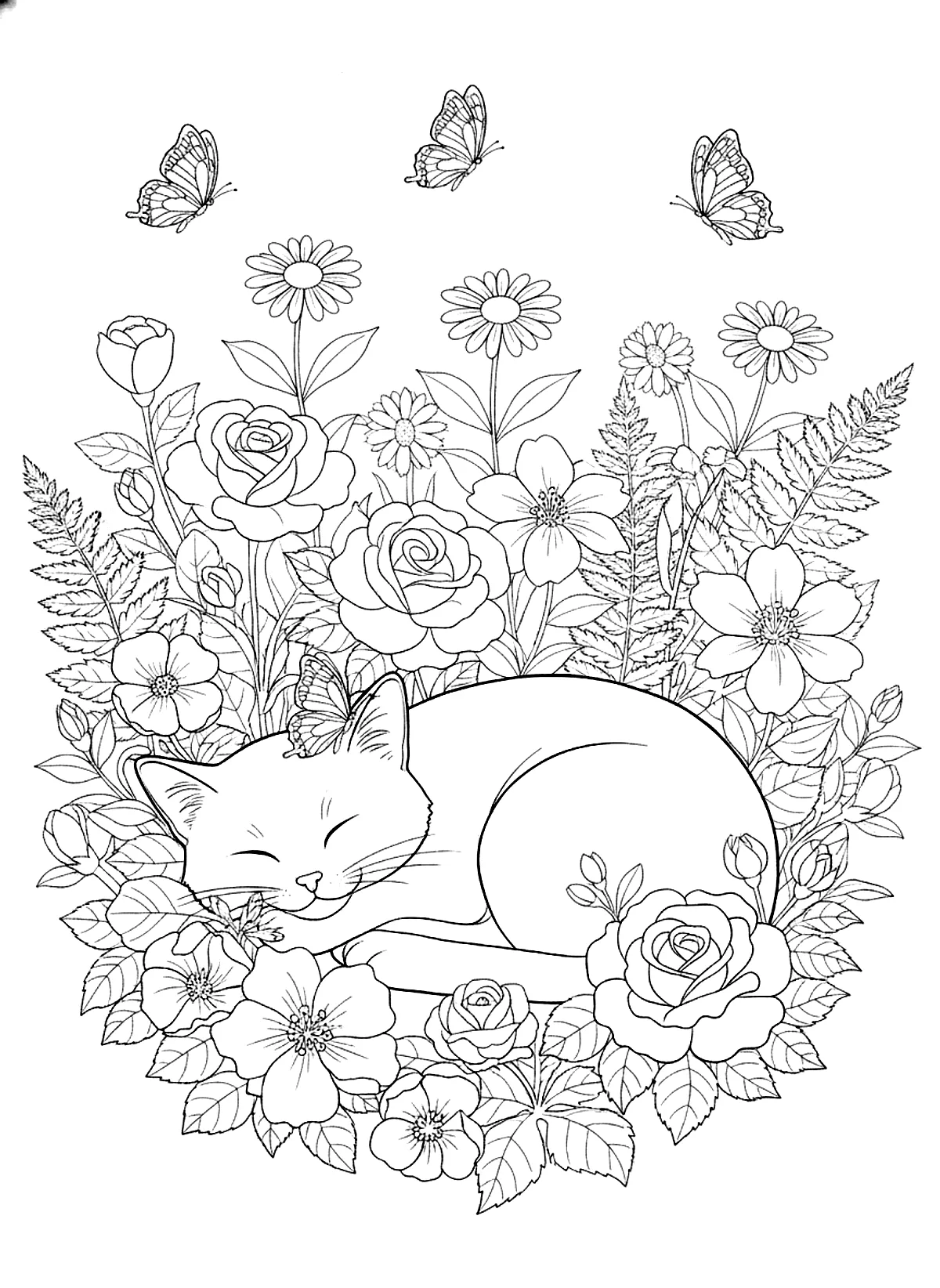 Cat in the flower garden coloring page for adults: a cat lying in a flower garden with butterflies, black line art