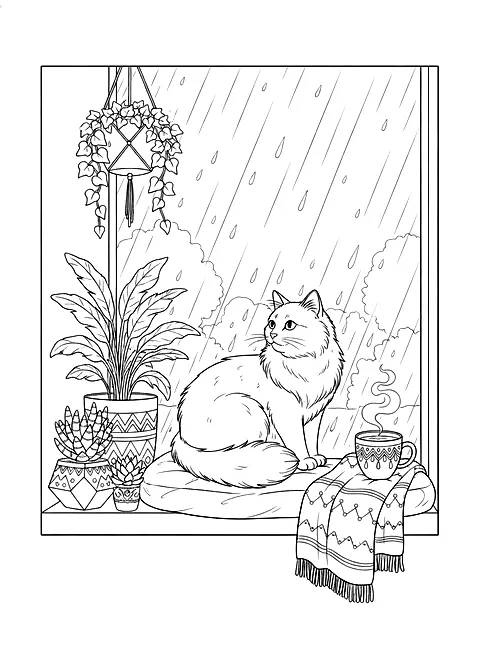 Cat watching the rain coloring page for adults: a cat sitting on a window seat watching the rain with plants and a mug, black line art