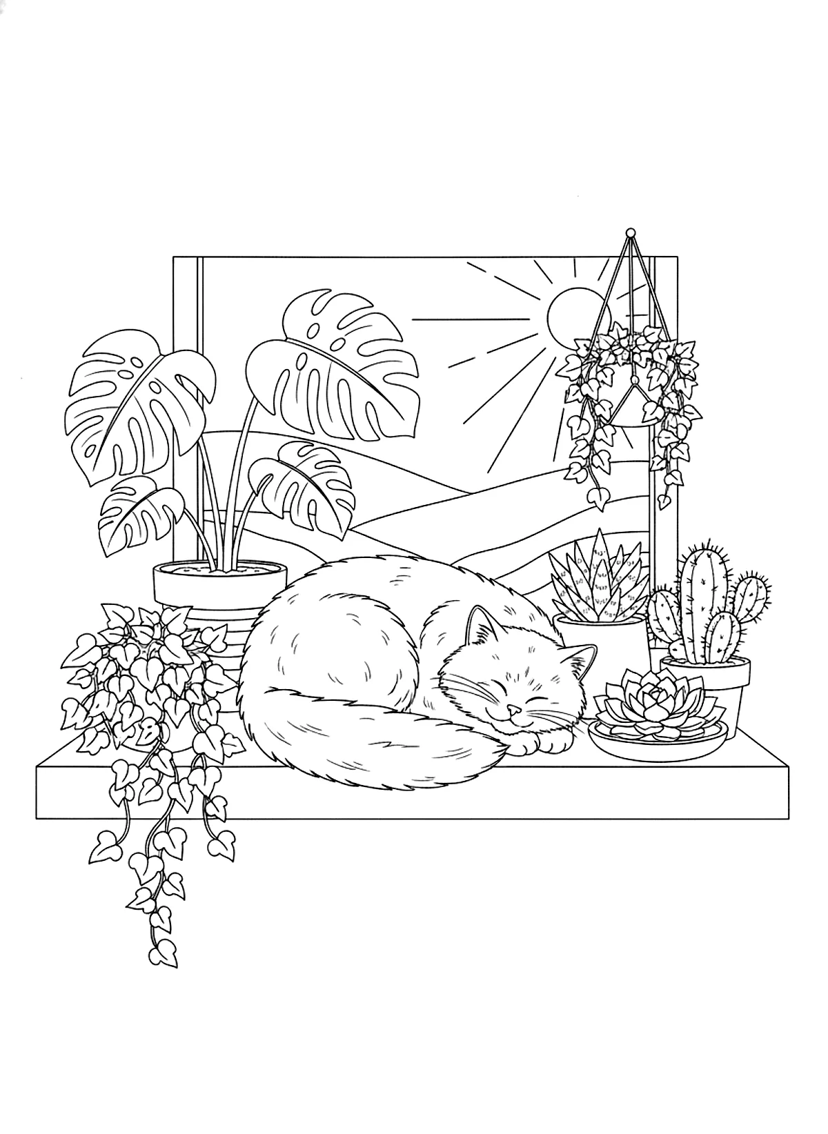 Cat coloring page for adults of a fluffy cat curled up among potted houseplants on a windowsill