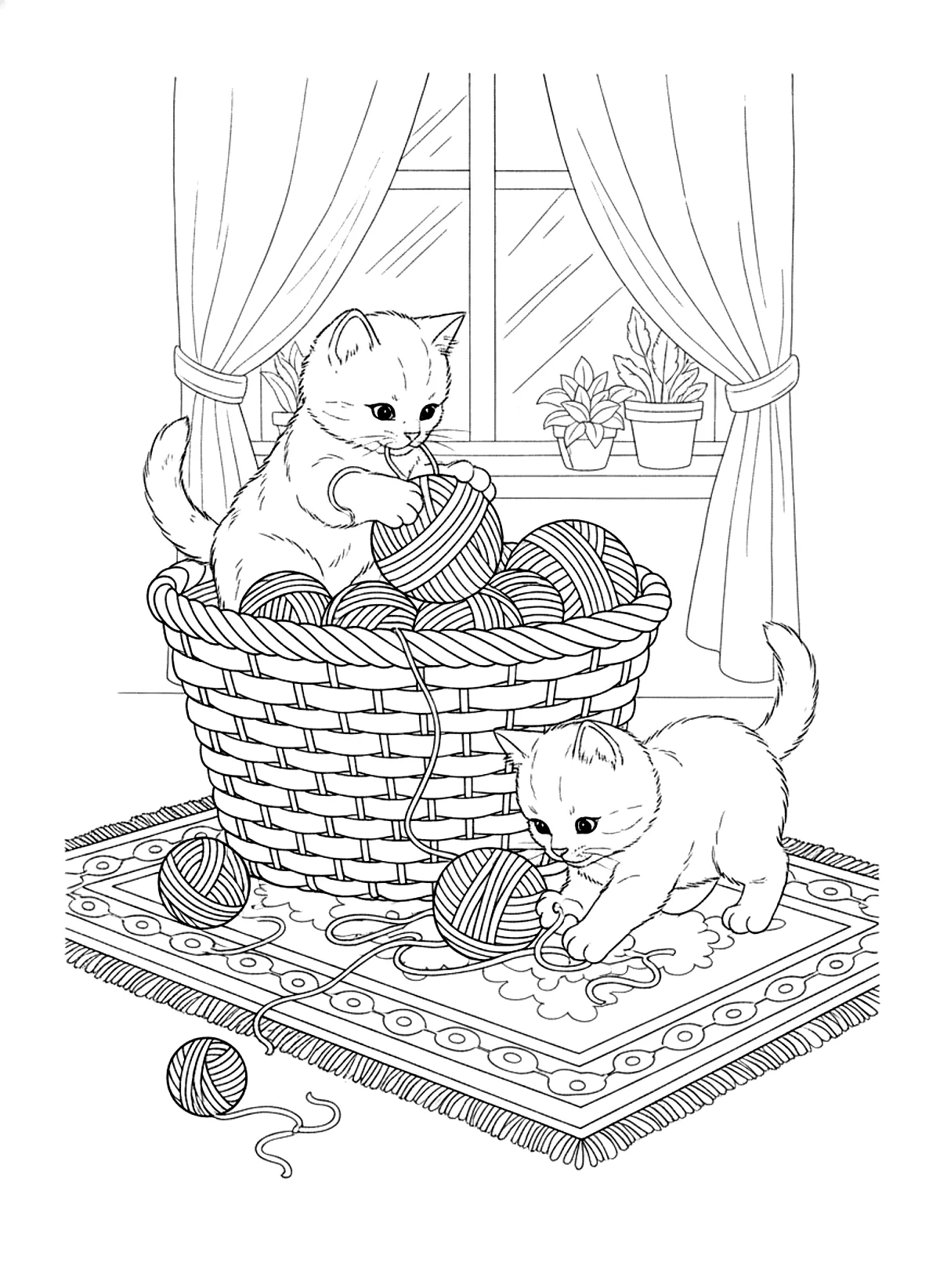 Kittens playing with yarn coloring page for adults: two kittens playing with balls of yarn in a basket, black line art