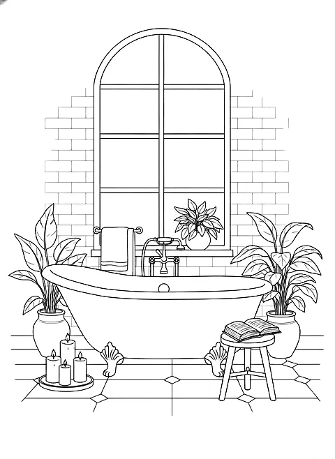Candlelit bath coloring page for adults: a cozy bathroom with a clawfoot bathtub, candles, plants and a book on a stool, black line art