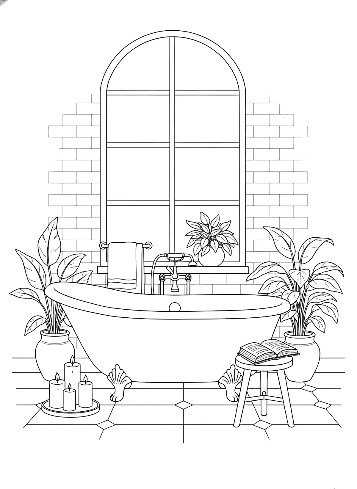 Candlelit bath coloring page for adults: a cozy bathroom with a clawfoot bathtub, candles, plants and a book on a stool, black line art