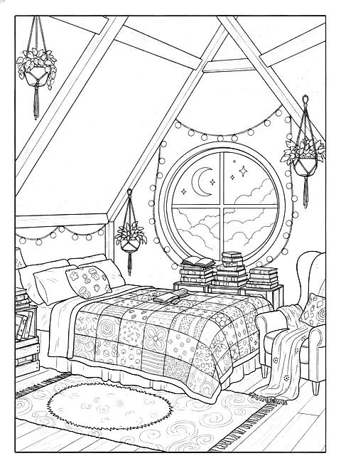 Cozy attic bedroom coloring page for adults: a cozy attic bedroom with a quilt, fairy lights, books and a round window, black line art