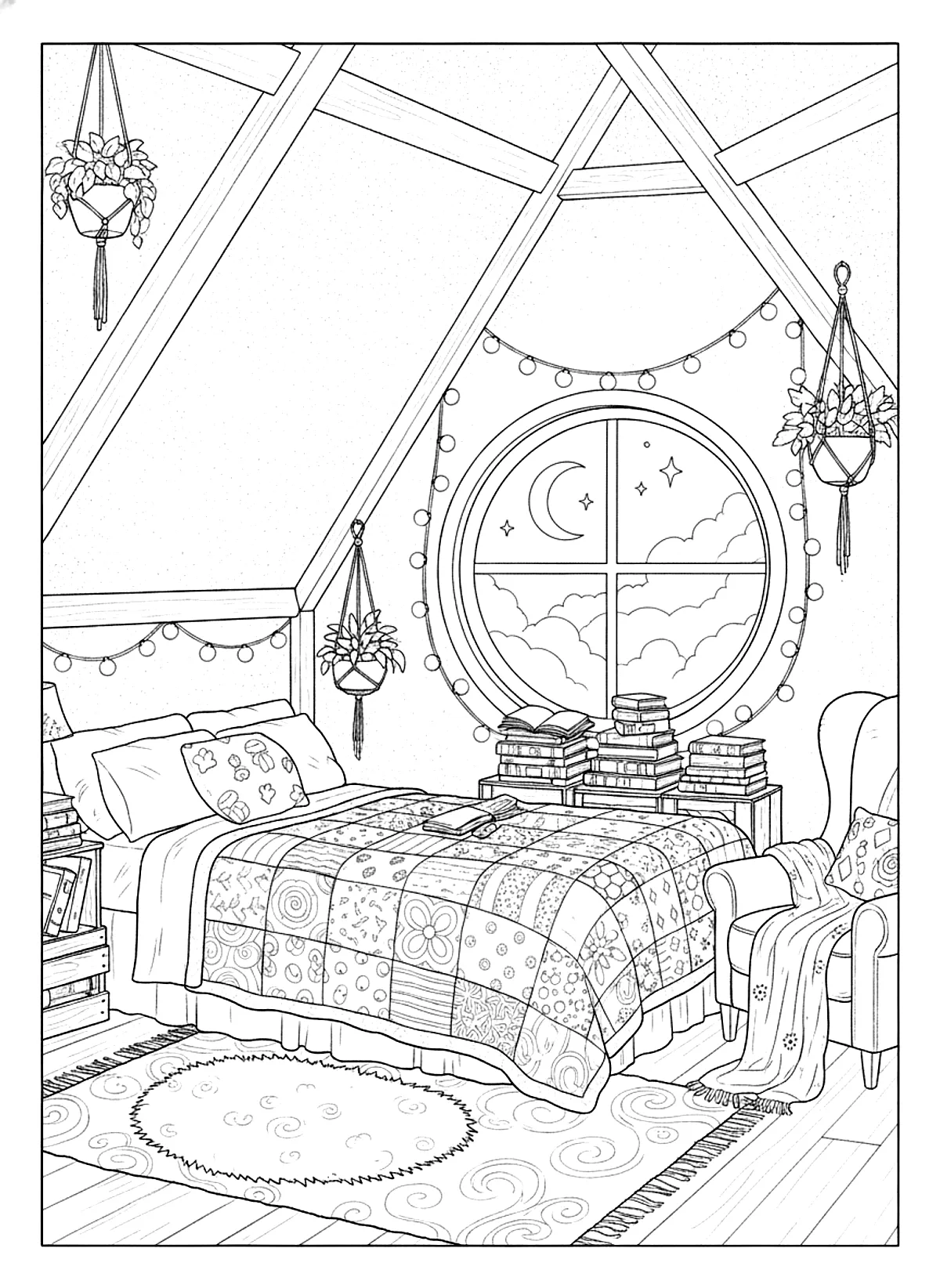 Cozy attic bedroom coloring page for adults: a cozy attic bedroom with a quilt, fairy lights, books and a round window, black line art