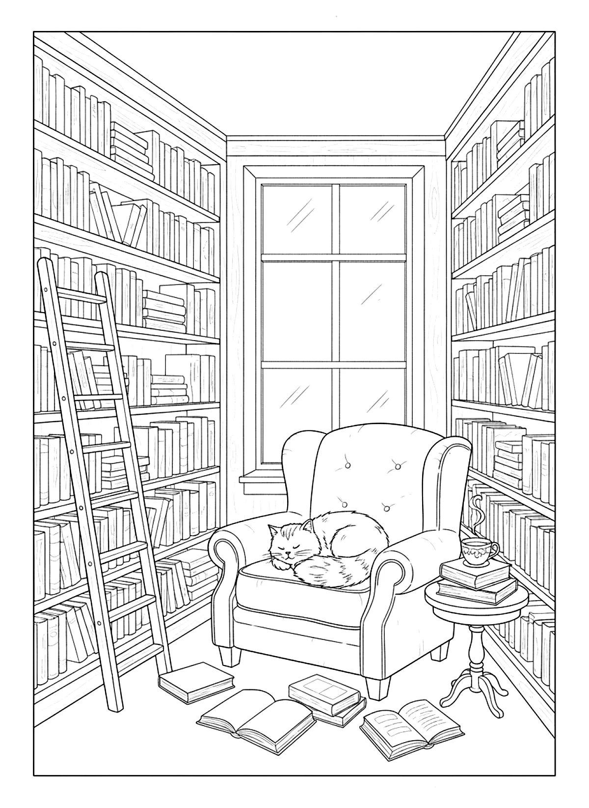 Little bookshop corner coloring page for adults: a little bookshop corner with tall shelves, a ladder, a reading chair and a cat, black line art