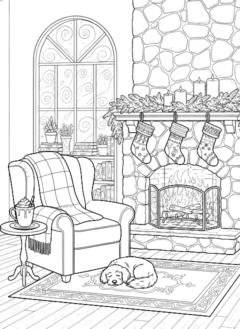 Night 9: Fireplace with stockings and a sleeping dog