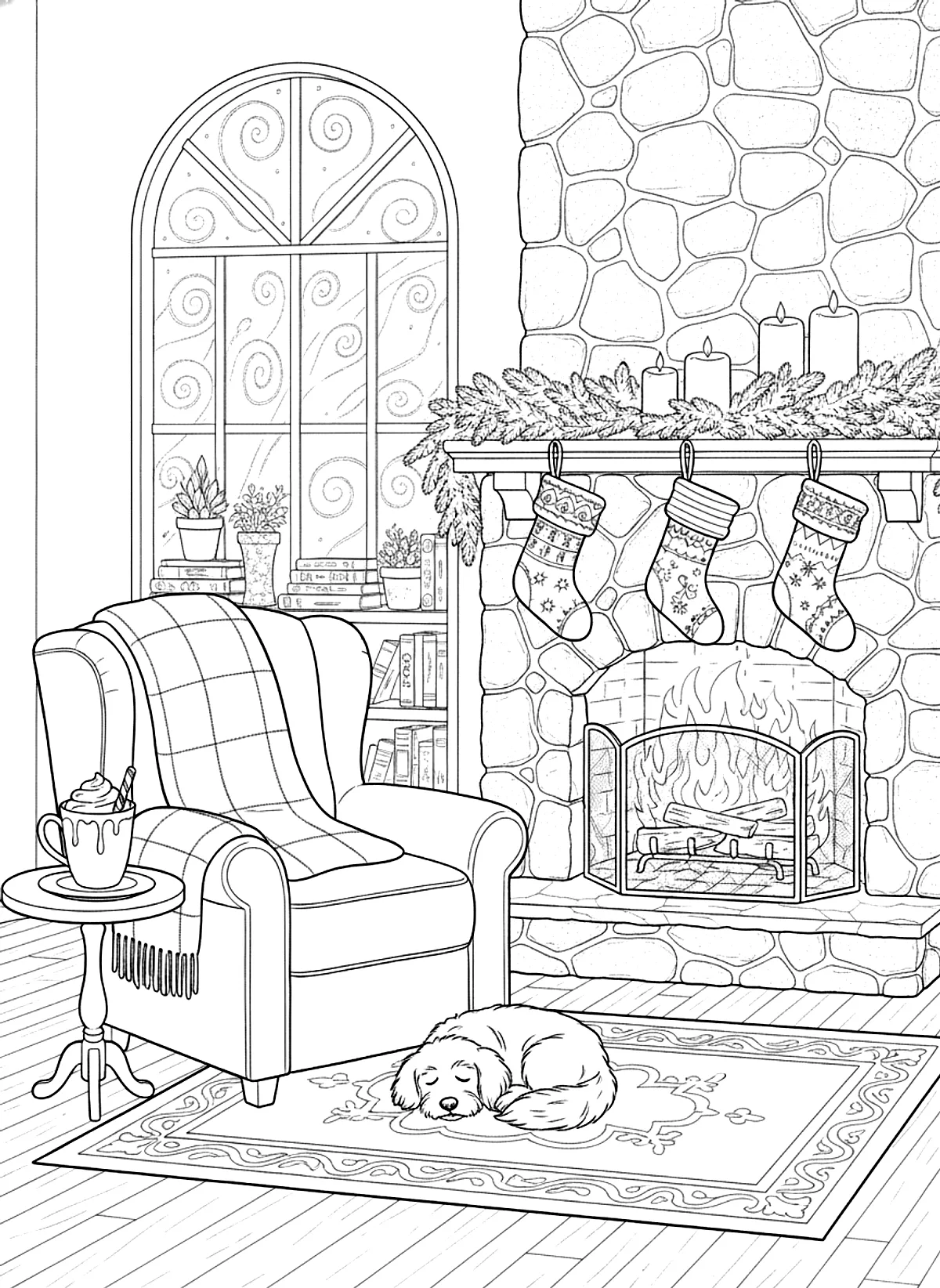 Cozy coloring page of a living room fireplace with stockings, an armchair with a plaid blanket, a sleeping dog and a cup of cocoa