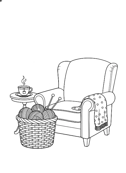 Knitting basket by the armchair coloring page for adults: a knitting basket with yarn balls next to an armchair and a cup of tea, black line art