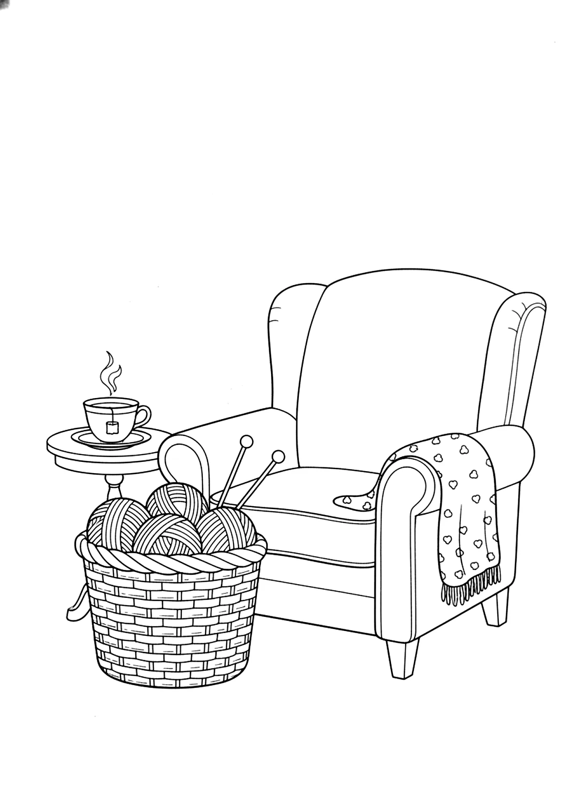 Knitting basket by the armchair coloring page for adults: a knitting basket with yarn balls next to an armchair and a cup of tea, black line art