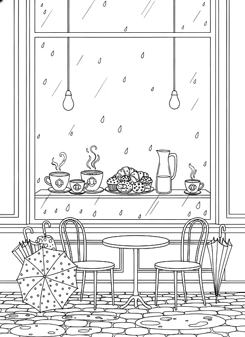 Rainy day café window coloring page for adults: a café window on a rainy day with coffee cups, pastries and umbrellas outside, black line art