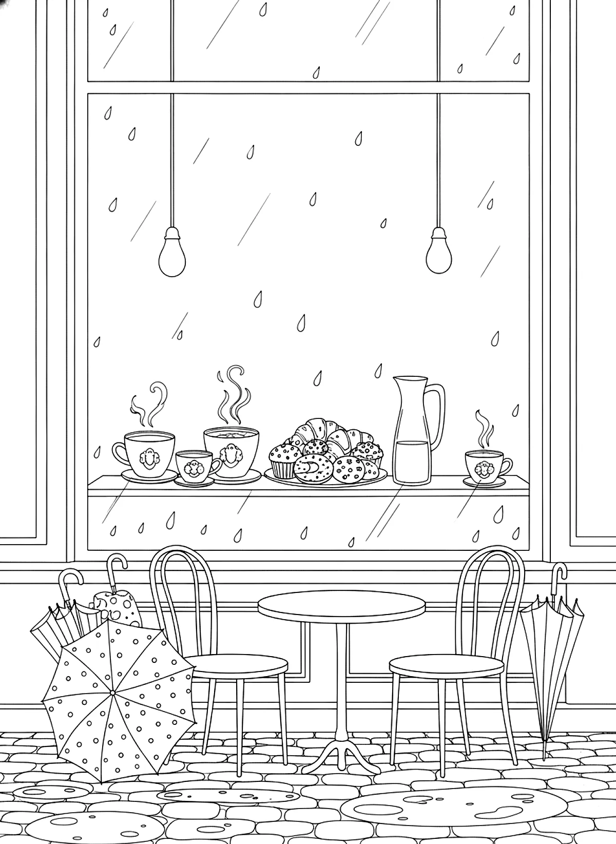 Rainy day café window coloring page for adults: a café window on a rainy day with coffee cups, pastries and umbrellas outside, black line art
