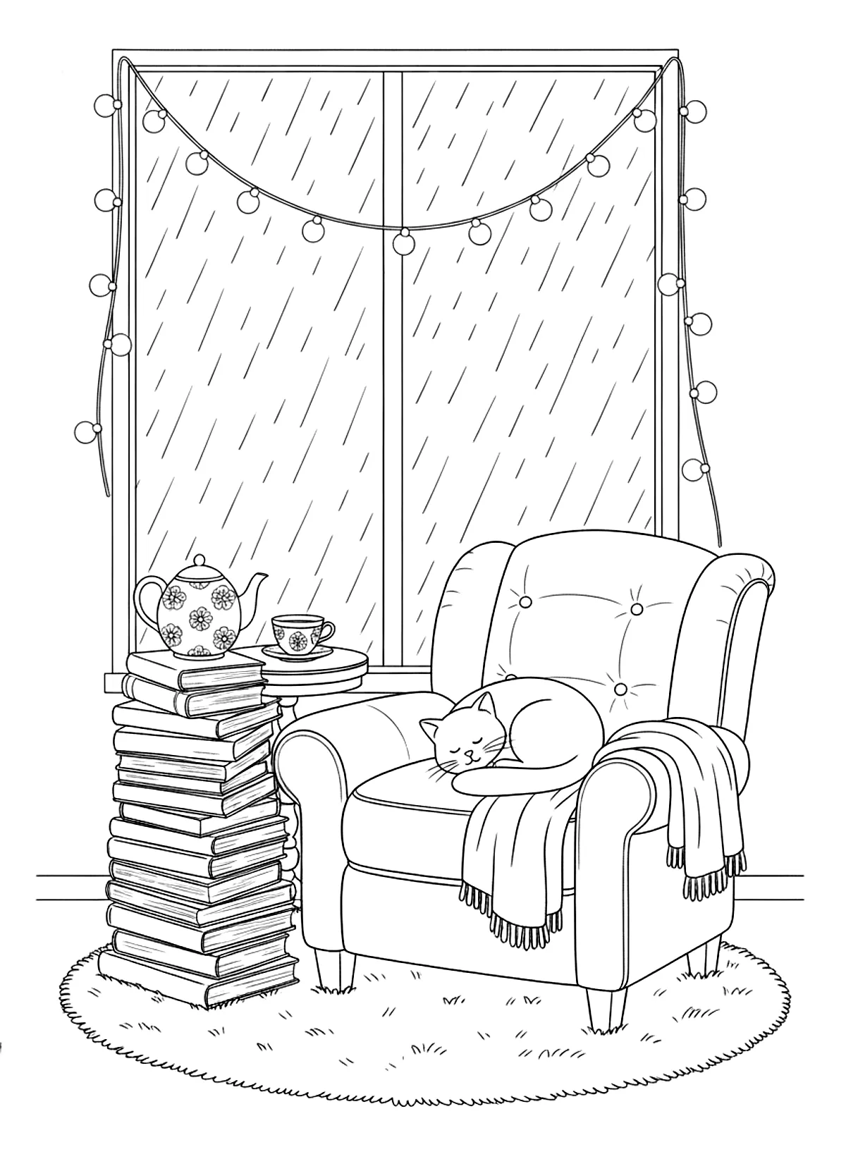 Cozy coloring page of a reading nook by a rainy window with an armchair, a stack of books, a sleeping cat, a teapot and string lights