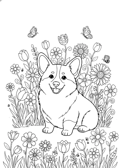 Corgi with flowers coloring page for adults: a cute corgi sitting in a field of flowers, black line art