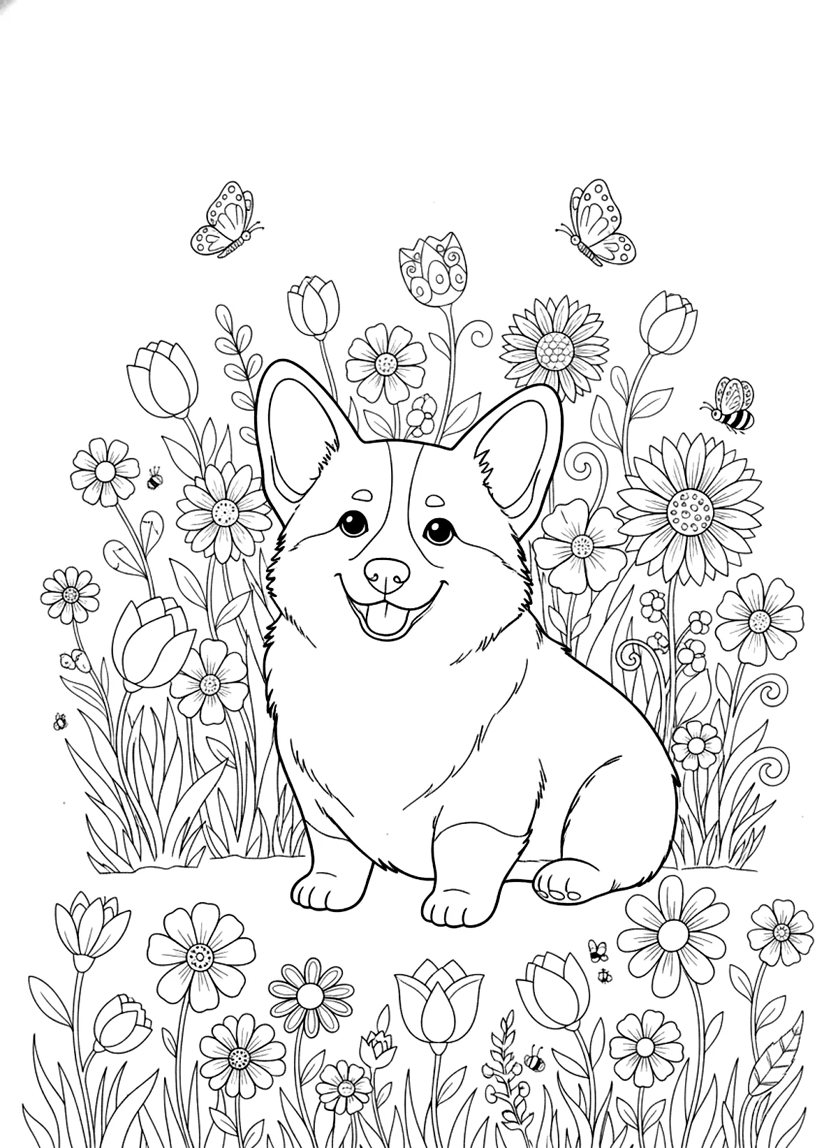 Corgi with flowers coloring page for adults: a cute corgi sitting in a field of flowers, black line art