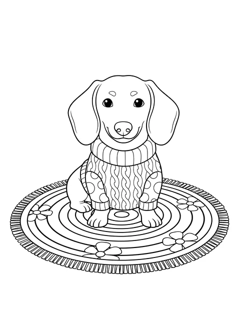 Dachshund in a sweater coloring page for adults: a dachshund wearing a knitted sweater sitting on a rug, black line art