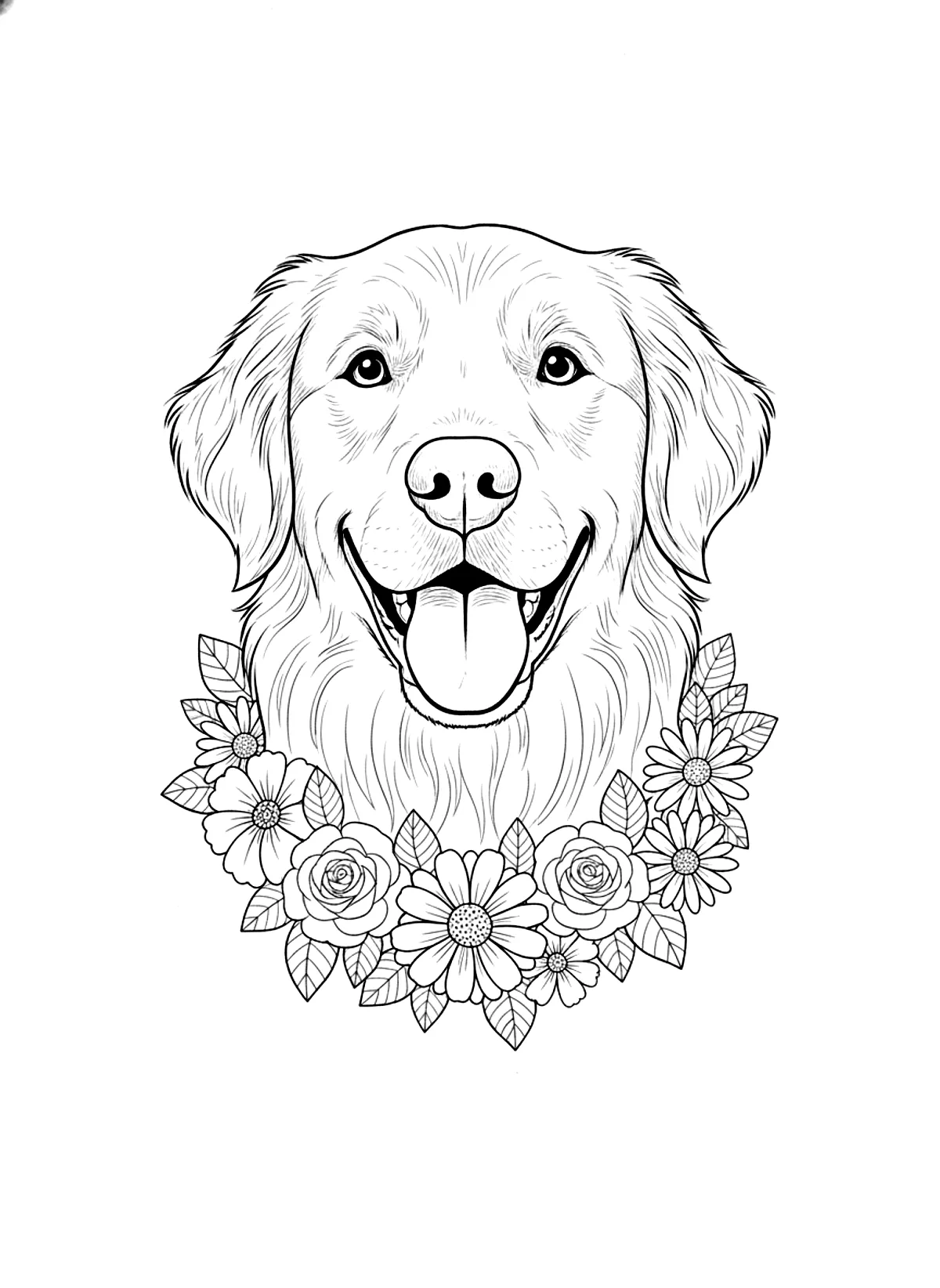 Golden retriever portrait coloring page for adults: a happy golden retriever portrait with a flower collar, black line art