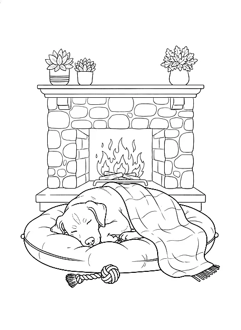Dog asleep by the fire coloring page for adults: a dog asleep on a cushion by the fireplace with a toy and a blanket, black line art