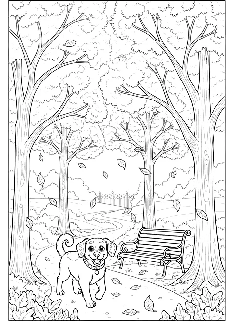 Dog walk in the park coloring page for adults: a dog on a walk in a park with trees, a bench and falling leaves, black line art