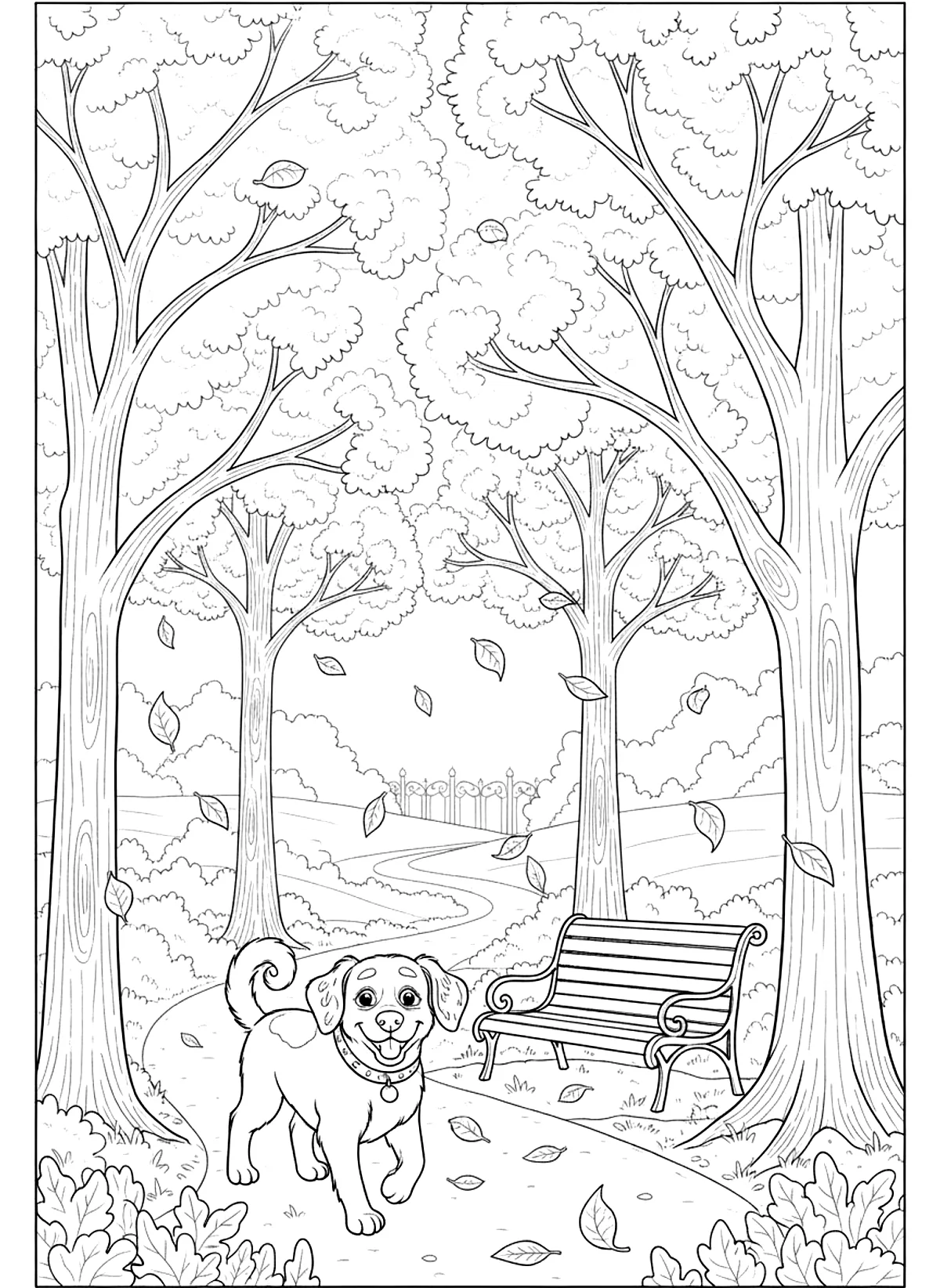 Dog walk in the park coloring page for adults: a dog on a walk in a park with trees, a bench and falling leaves, black line art