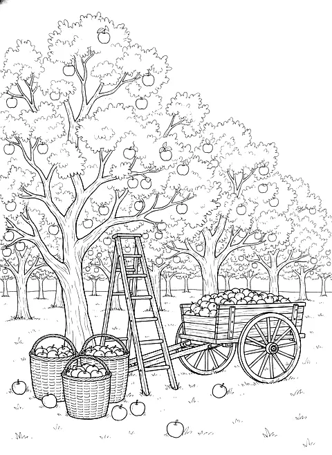 Apple orchard harvest coloring page for adults: an apple orchard with baskets of apples, a ladder and a wooden cart, black line art