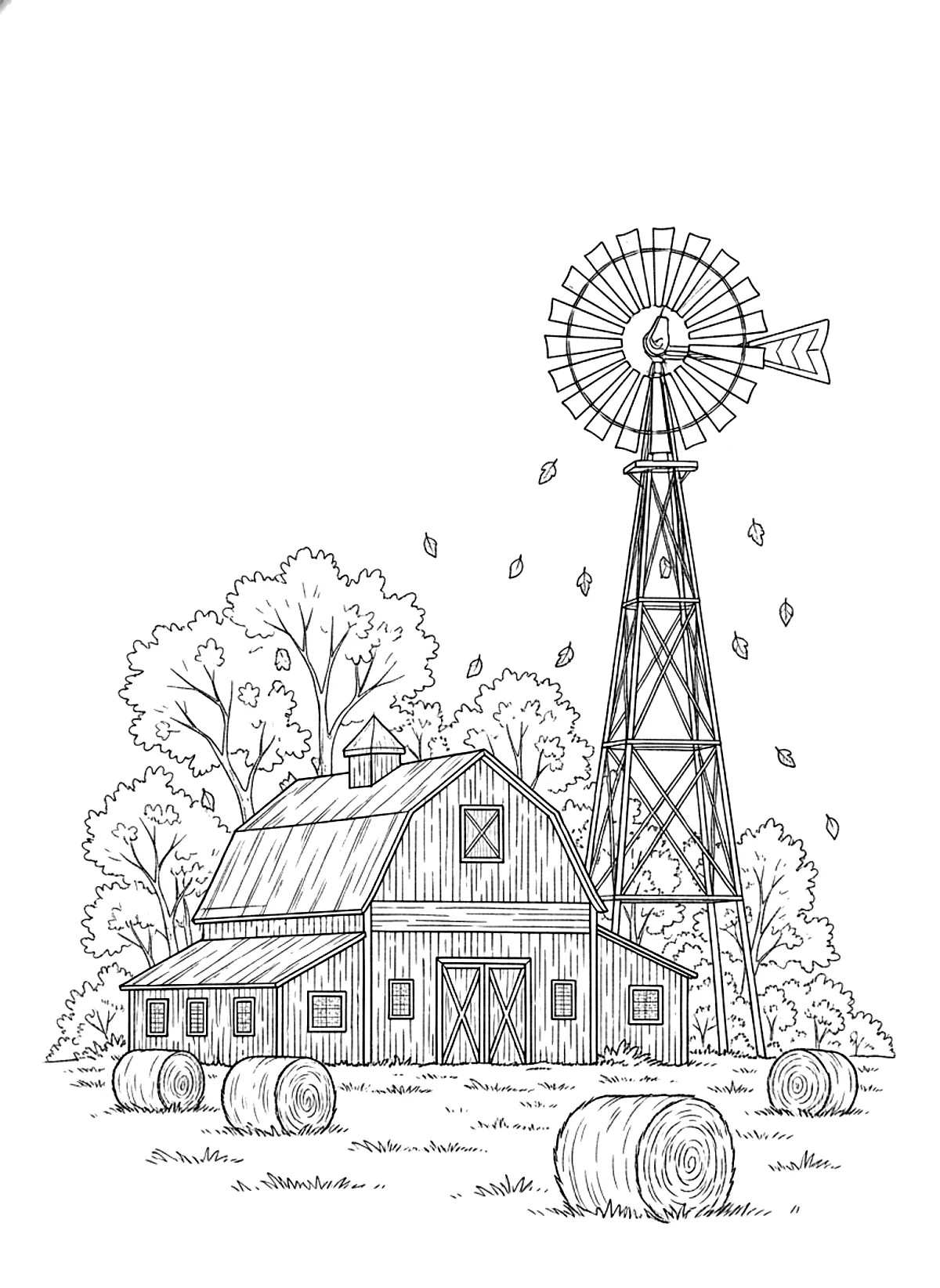 Red barn in autumn coloring page for adults: an old red barn with a windmill, hay bales and trees with falling leaves, black line art