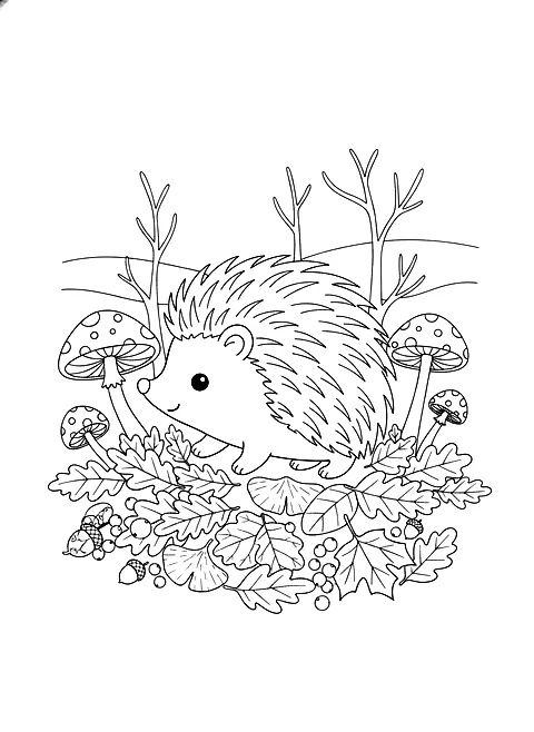 Hedgehog in the leaves coloring page for adults: a cute hedgehog walking through a pile of autumn leaves with mushrooms, black line art